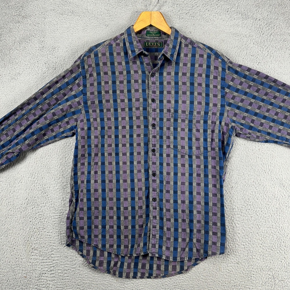 VINTAGE Levis Sutter Creek Men Button Up Shirt Large Blue Purple Check Black Tab - Picture 2 of 11